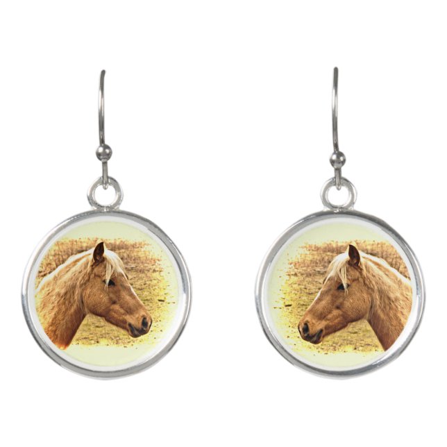 Gold Brown Horses Animal Drop Earrings (Front)
