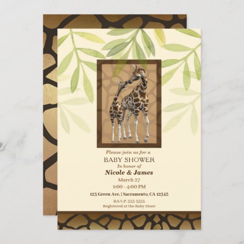 Gold Brown Kissing Giraffes Zoo Baby Shower Invitation