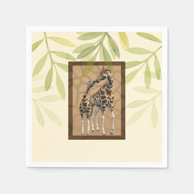 Gold Brown Kissing Giraffes Zoo Baby Shower Napkins (Front)
