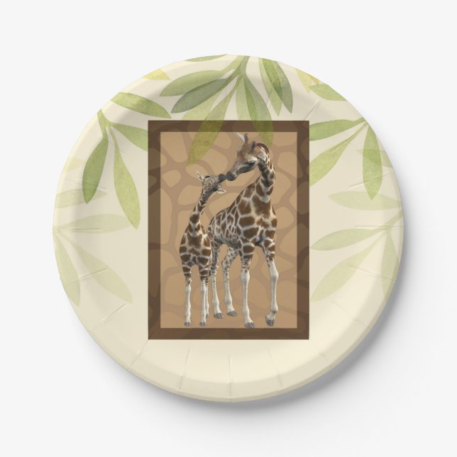 Gold Brown Kissing Giraffes Zoo Baby Shower Paper Plates (Front)