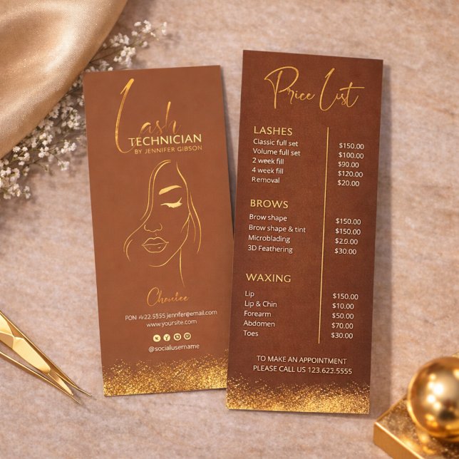 Gold & Brown Lash Tech Price List | Luxury Beauty  Rack Card (Creator Uploaded)