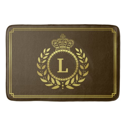 Gold Brown Laurel Wreath Crown Royal Monogrammed  Bath Mat