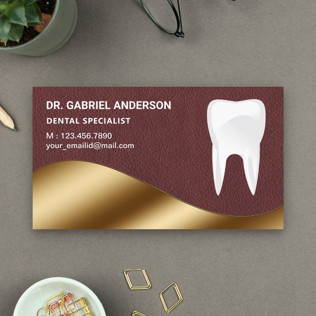 Gold Brown Leather Tooth Dental Clinic Dentist Business Card (Creator Uploaded)
