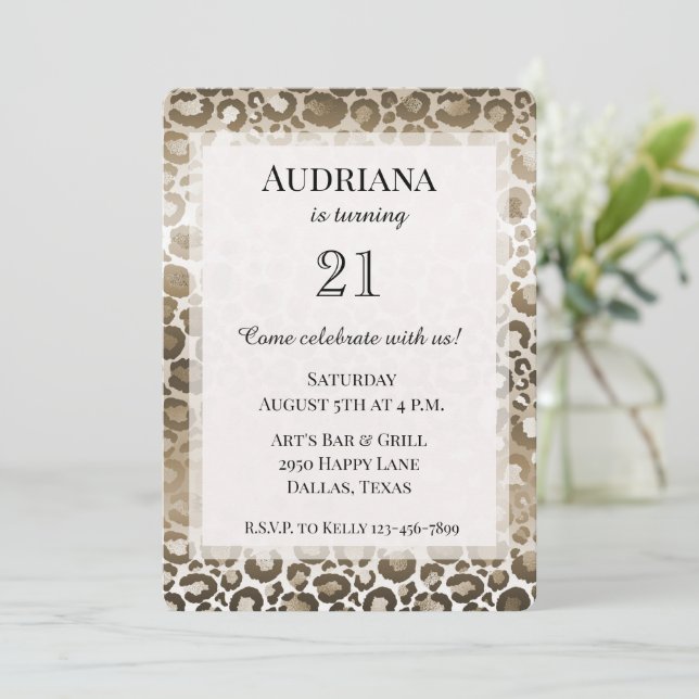 Gold Brown Leopard Animal Print Birthday Invitation (Standing Front)