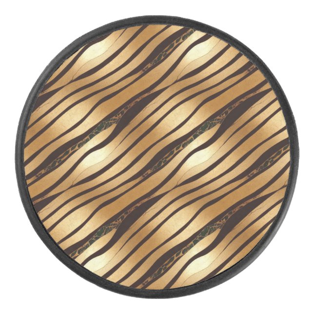 Gold Brown Leopard Animal Print Stripes Hockey Puck (Front)