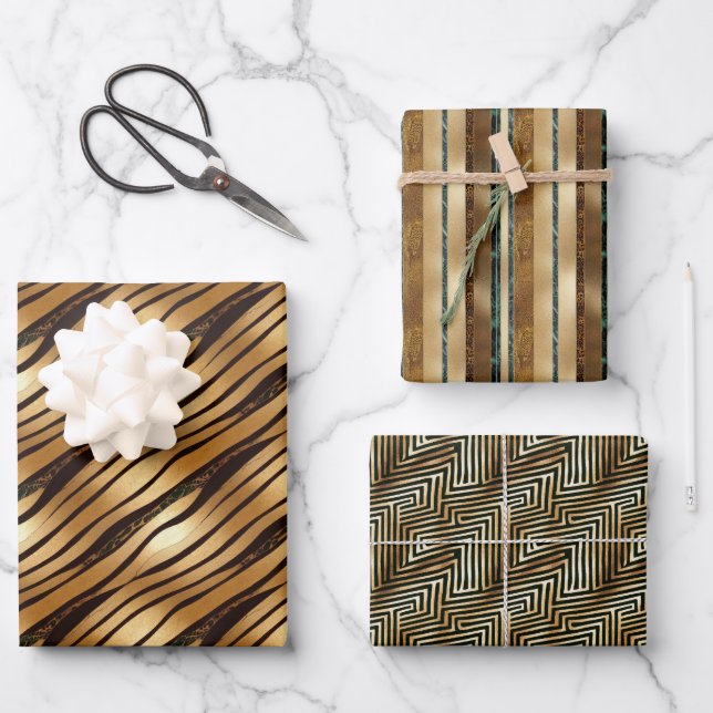 Gold Brown Leopard Animal Stripes Wrapping Paper Sheets (Front)