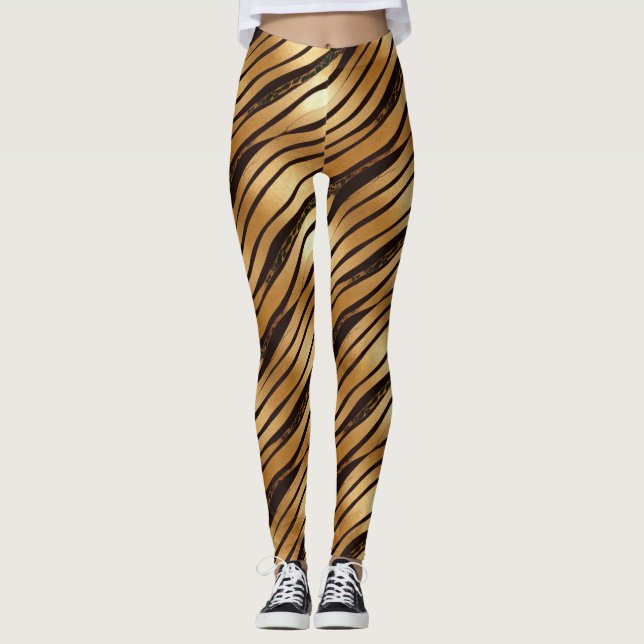 Gold Brown Leopard Print Stripes Leggings (Front)