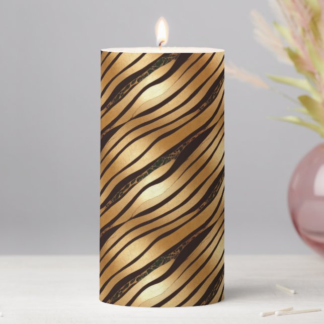 Gold Brown Leopard Print Stripes Pillar Candle (In Situ)