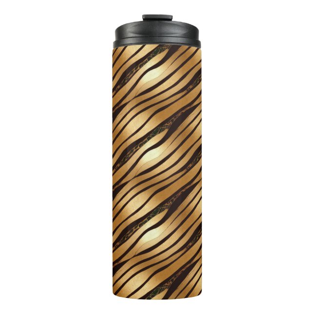 Gold Brown Leopard Print Stripes Thermal Tumbler (Front)