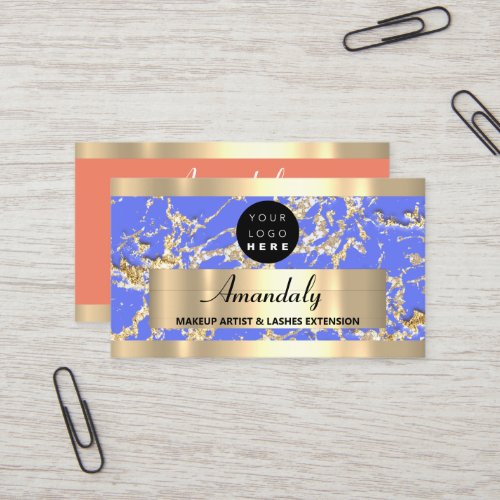  Gold  Brown Marble Glitter Custom Logo Coral Blue Business Card