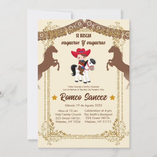 Gold Brown Mexican Cowboy Baptism Invite