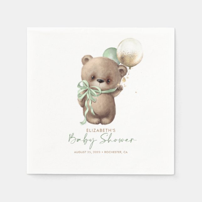 Gold Brown Sage Green Teddy Bear Baby Shower Napkins (Front)