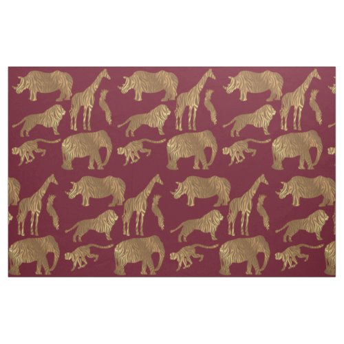 Gold Brown Stripe Jungle Animals on Burgundy Fabric