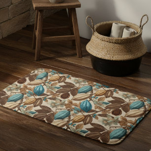 Gold Brown Turquoise Cacao Botanical Pattern Bath Mat