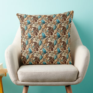 Gold Brown Turquoise Cacao Pattern Throw Pillow