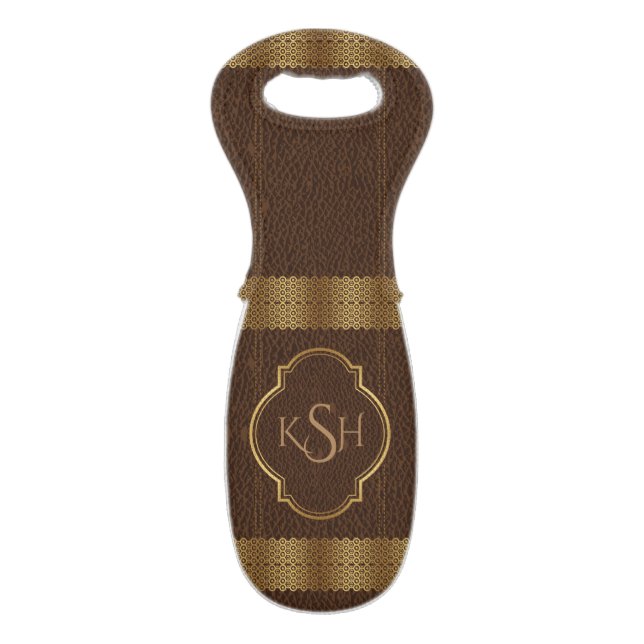 Gold & Brown Vintage Leather Print Wine Bag (Front Flat)