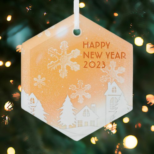 Gold Brown White Snow House Happy New Year 2023 Glass Ornament