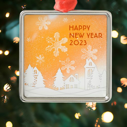 Gold Brown White Snow House Happy New Year 2023   Metal Ornament