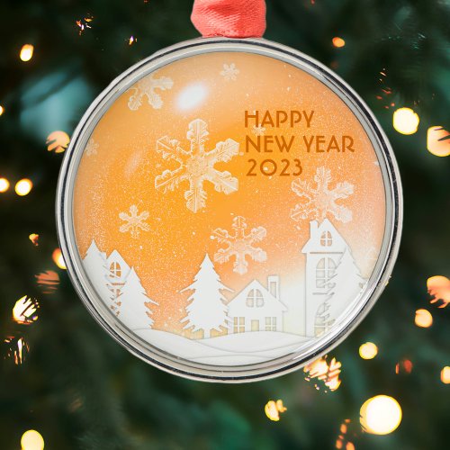 Gold Brown White Snow House Happy New Year 2023  Metal Ornament