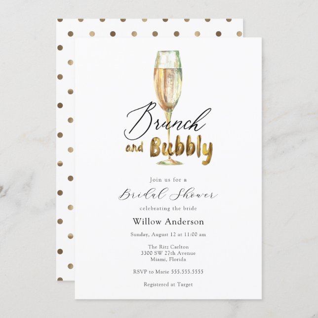Gold Brunch and Bubbly Champagne Bridal Shower Inv Invitation (Front/Back)