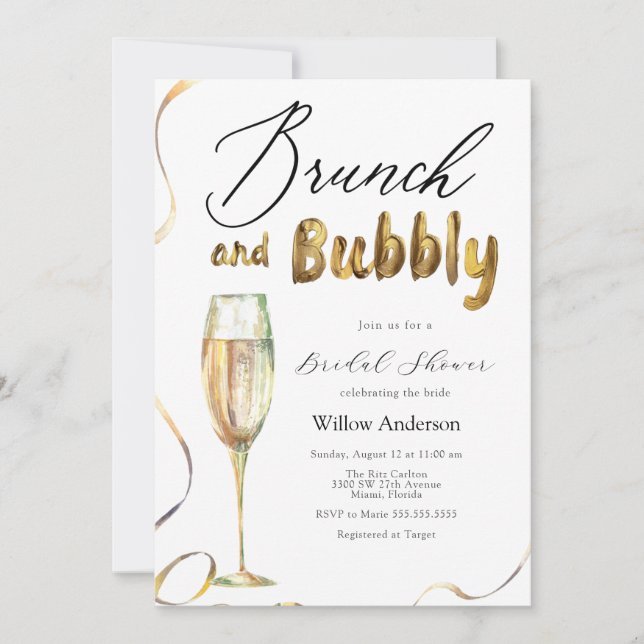 Gold Brunch and Bubbly Champagne Bridal Shower Inv Invitation (Front)