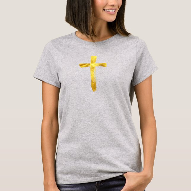 Gold Brush Cross - Christian Christ Jesus Crucifix T-Shirt (Front)