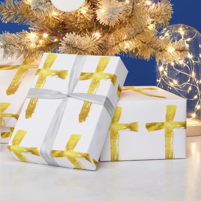 Gold Brush Cross Christian Jesus Christ Faith God Wrapping Paper (Holidays)