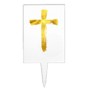 Gold Brush Cross Christian Religious Christ Jesus Cake Topper