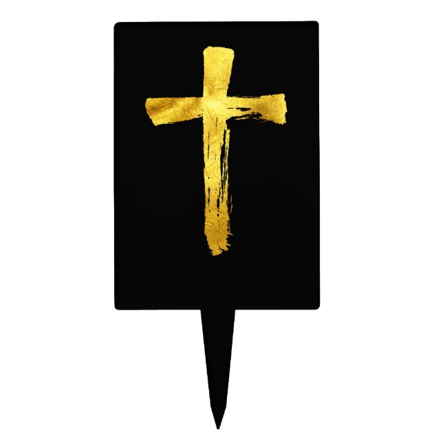 Gold Brush Cross - Christian Religious Crucifix Cake Topper (Front)
