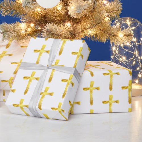 Gold Brush Cross Christian Religious Crucifix God  Wrapping Paper