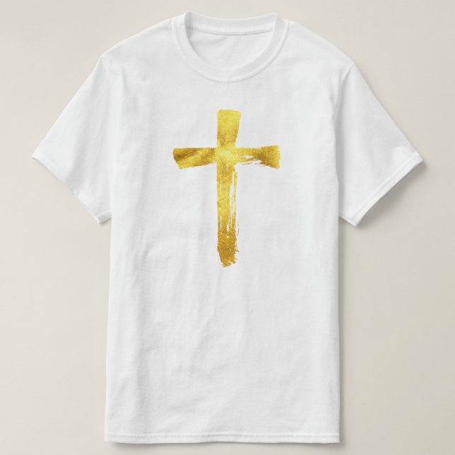 Gold Brush Cross - Christian Religious Crucifix T-Shirt (Design Front)