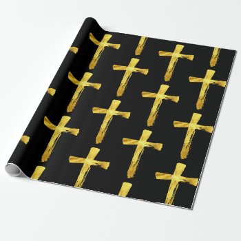 Gold Brush Cross - Christian Religious Crucifix Wrapping Paper by 26_Characters at Zazzle