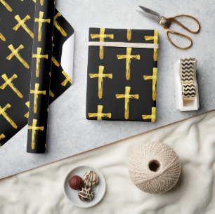Gold Brush Cross - Christian Religious Crucifix Wrapping Paper