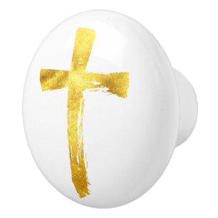 Gold Brush Cross - Modern Christian Crucifix Ceramic Knob