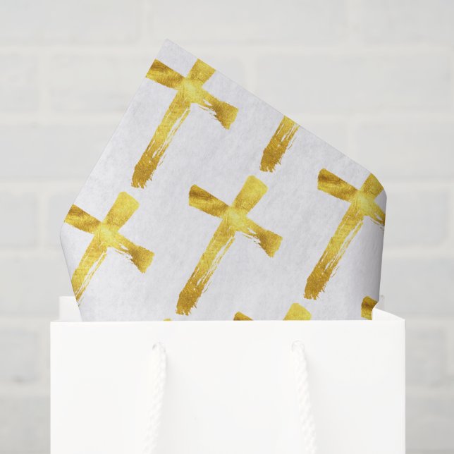 Gold Brush Cross - Modern Christian Crucifix Tissue Paper (Gift Bag)
