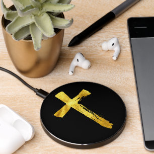 Gold Brush Cross - Modern Christian Crucifix Wirel Wireless Charger