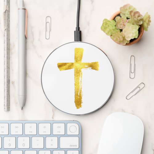 Gold Brush Cross _ Modern Christian Crucifix Wireless Charger