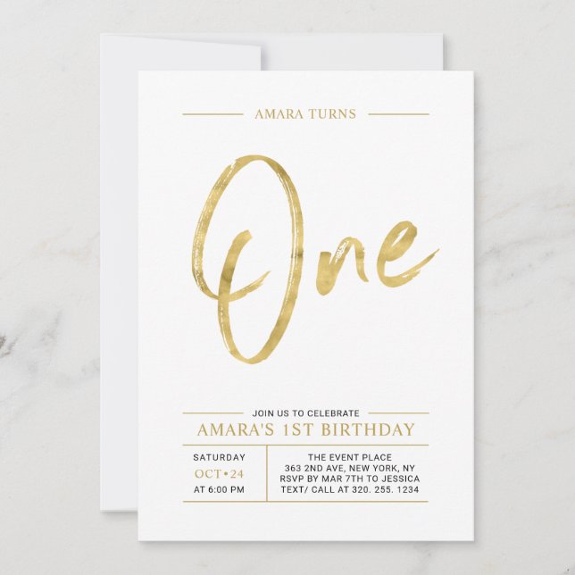 Gold | Brush Lettering One 1st Birthday Party Invitation (Front)