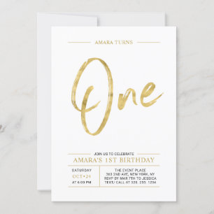 Gold Brush Lettering One 1st Birthday Party Invitation