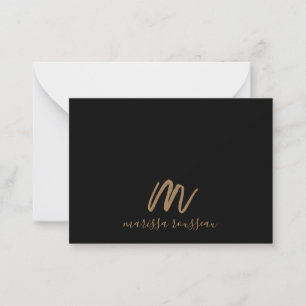 Gold Brush Painted Monogram Script Name Black Note Card