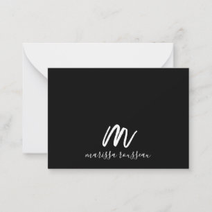 Gold Brush Painted Monogram Script Name Black Note Card