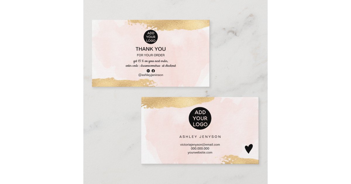 Gold brush pink watercolor logo order thank you business card | Zazzle