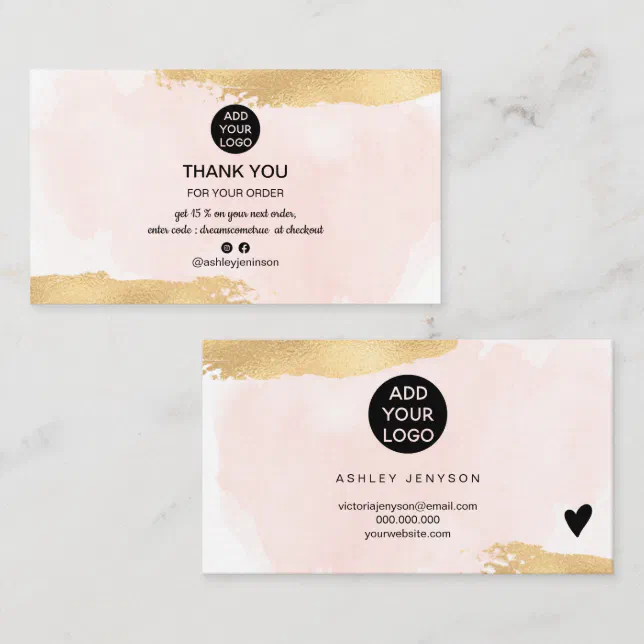 Gold brush pink watercolor logo order thank you business card | Zazzle