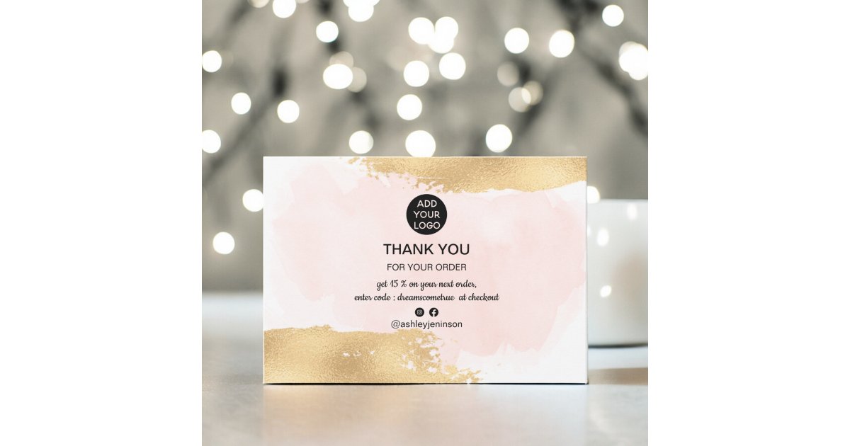 Gold brush pink watercolor logo order thank you card | Zazzle