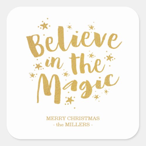Gold Brush Script Believe In The Magic Christmas Square Sticker