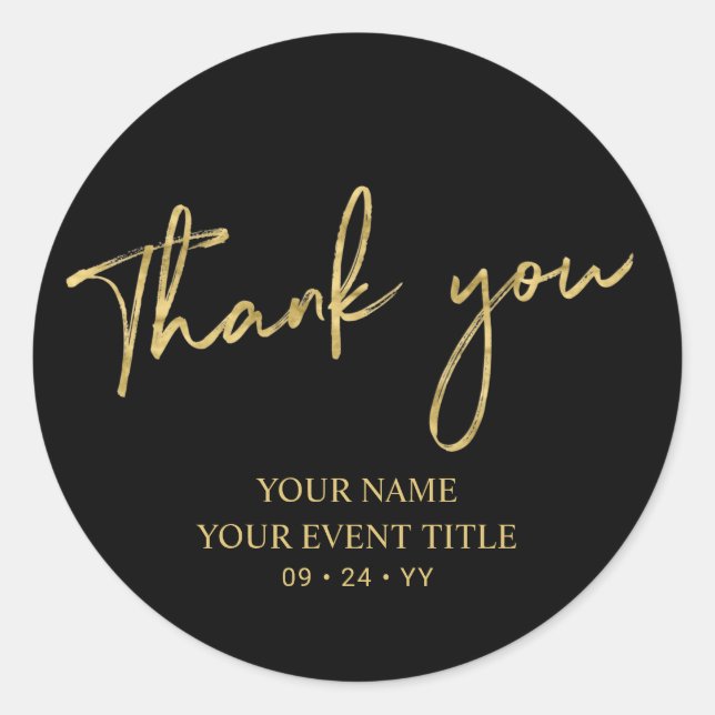 Gold Brush Script Birthday Party Thank you Favor Classic Round Sticker (Front)