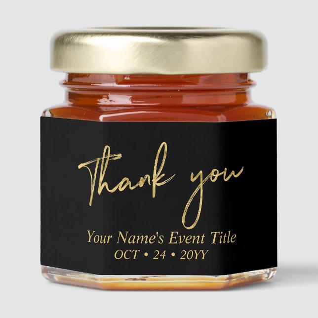 Gold Brush Script Birthday Party Thank you Favor Honey Jar Favors (Front)