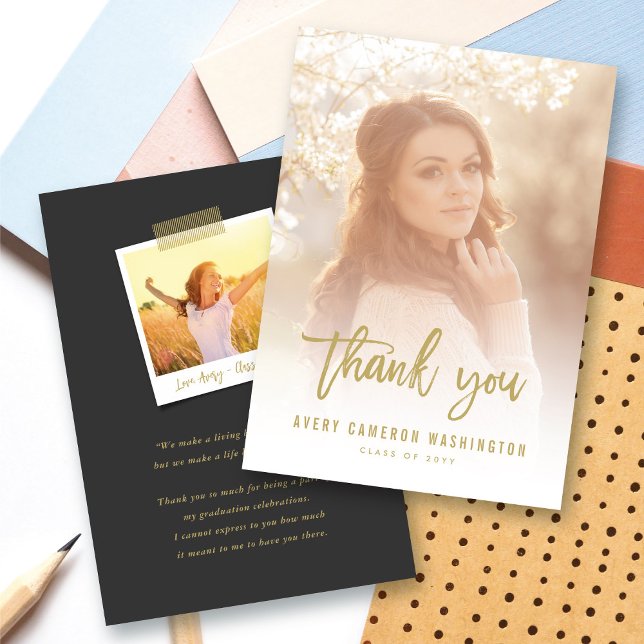 Gold Brush Script Calligraphy Photo Graduation Thank You Card (Gold Brushed Script Calligraphy Photo Modern Graduation Thank You Card @ zazzle.com/color_therapy)