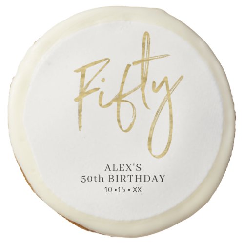 Gold Brush Script Fifty 50th Birthday Favor Sugar Cookie