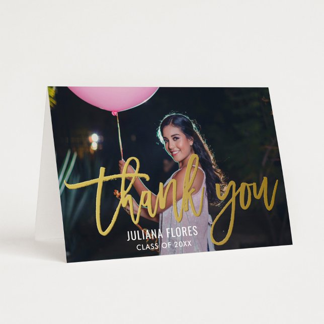 Gold Brush Script Graduation Photo Thank You Foil Greeting Card (Creator Uploaded)